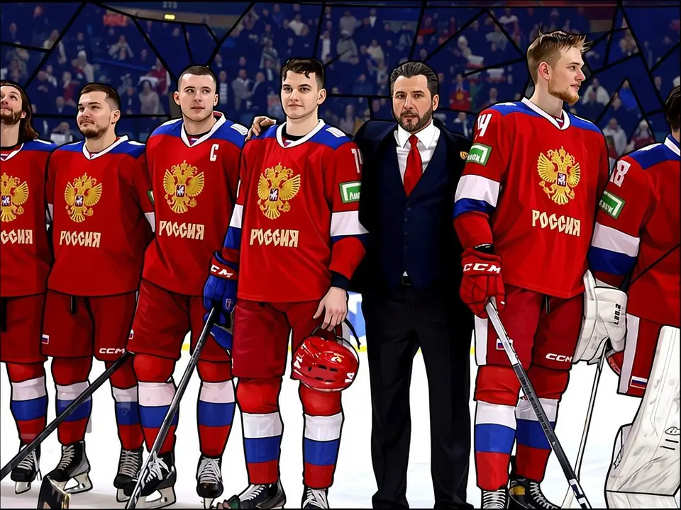 Russian ice hockey team and coach standing on the ice in front of the stands