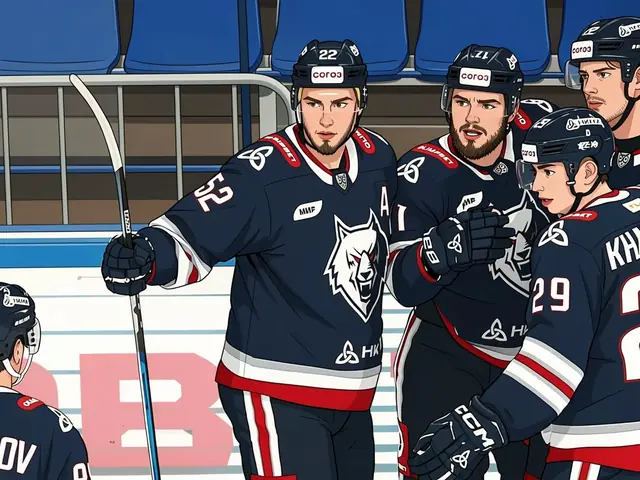 Neftekhimik players in dark blue kits celebrating on the ice after a 5-3 victory over Admiral