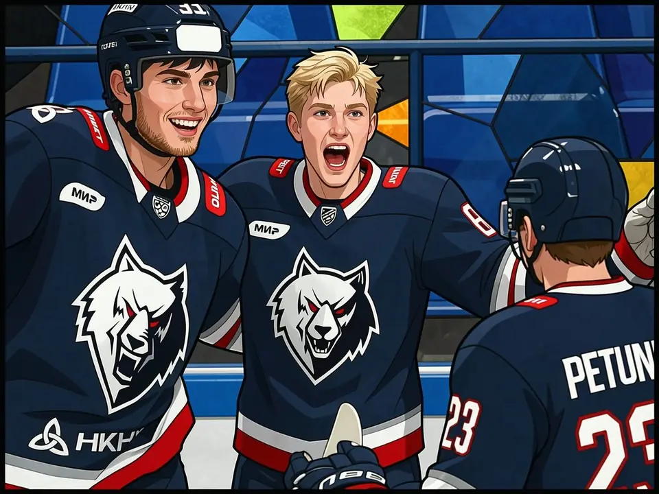 Neftekhimik players (No. 33, No. 84, Petunin) celebrate a win on the ice.