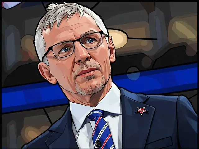 Игорь Никитин, тренер ЦСКА, в синем костюме и галстуке на фоне арены после матча.