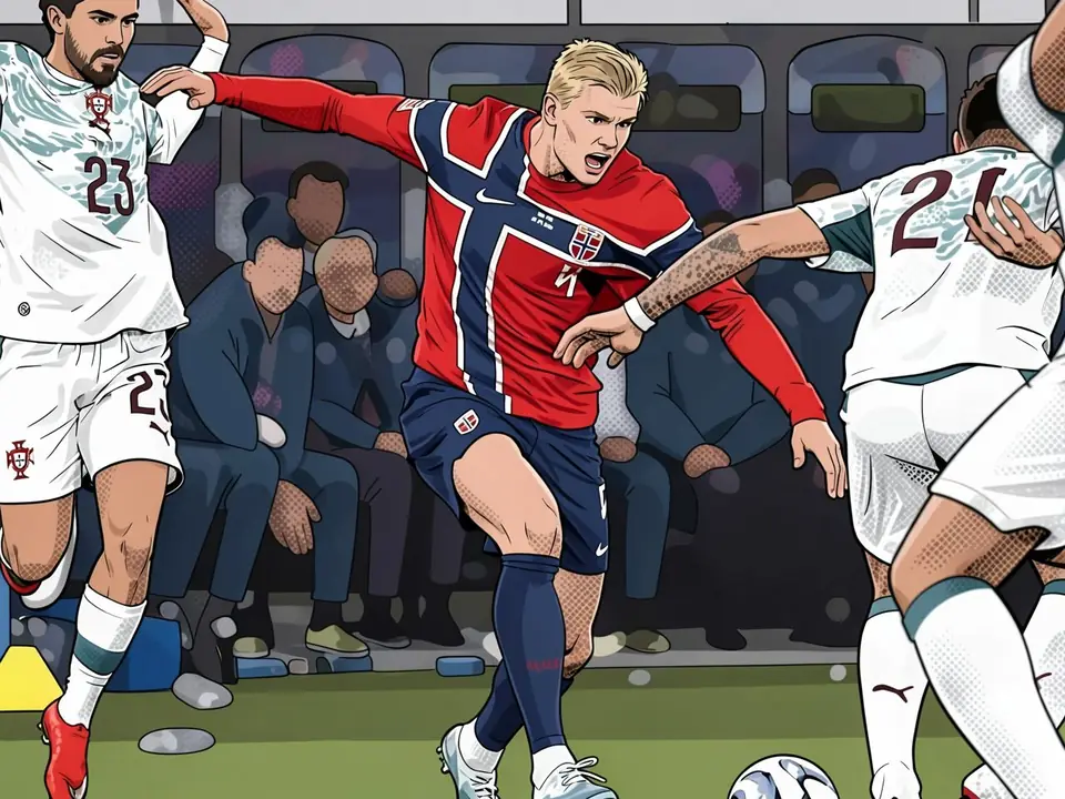 Erling Haaland in the red Norway kit challenges Portuguese players in white kits during a match.