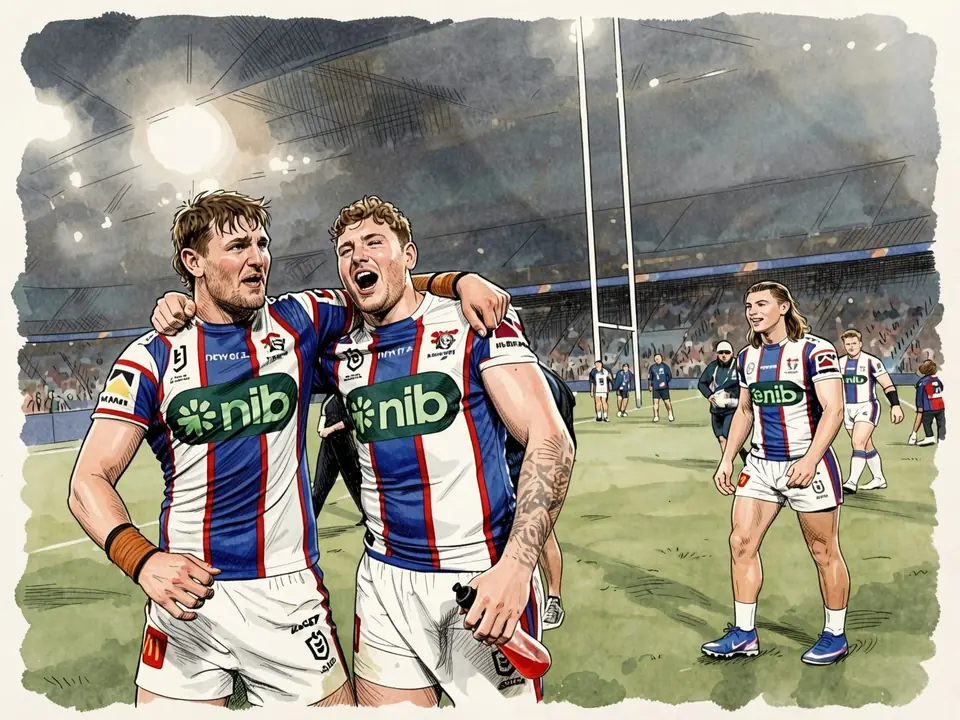 Newcastle Knights players celebrate reaching the NRL grand final at night