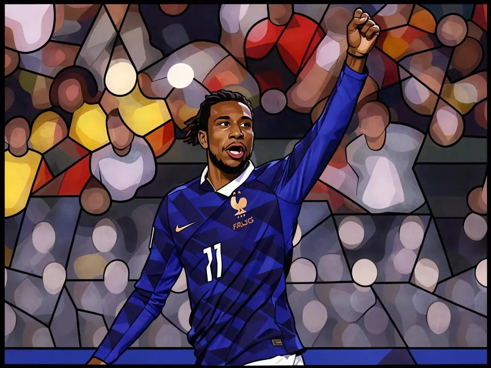 Michael Olise feiert ein Tor für Frankreich gegen Belgien