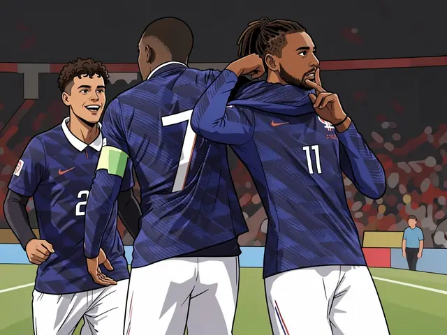 Olicé, Dembélé und Tolisso feiern den Sieg Frankreichs gegen Belgien