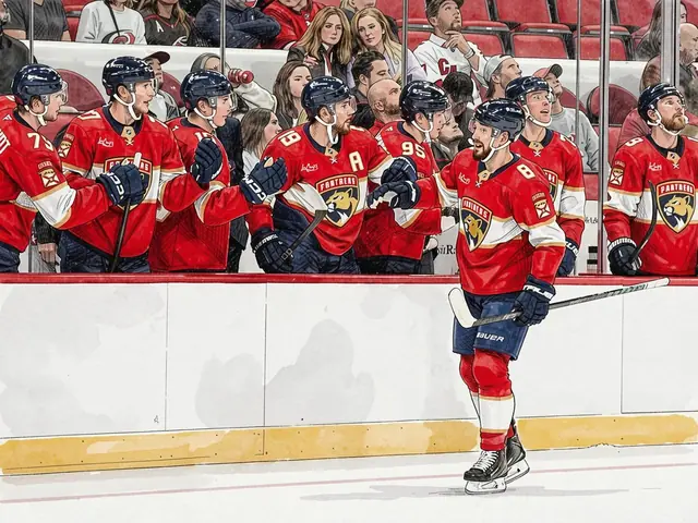 A Florida Panthers player in red skates on the ice while teammates watch from the bench