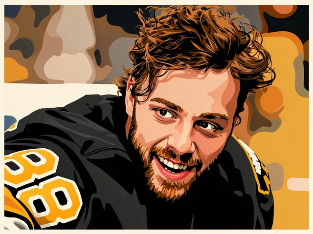 David Pastrňák in a black Boston Bruins jersey smiles at the camera on the ice.