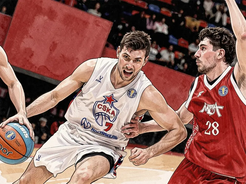 CSKA player in white dribbles the ball while being defended by an MBA player in red.