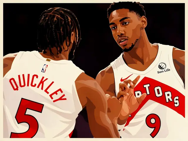 Toronto Raptors players Immanuel Quickley and RJ Barrett on the court