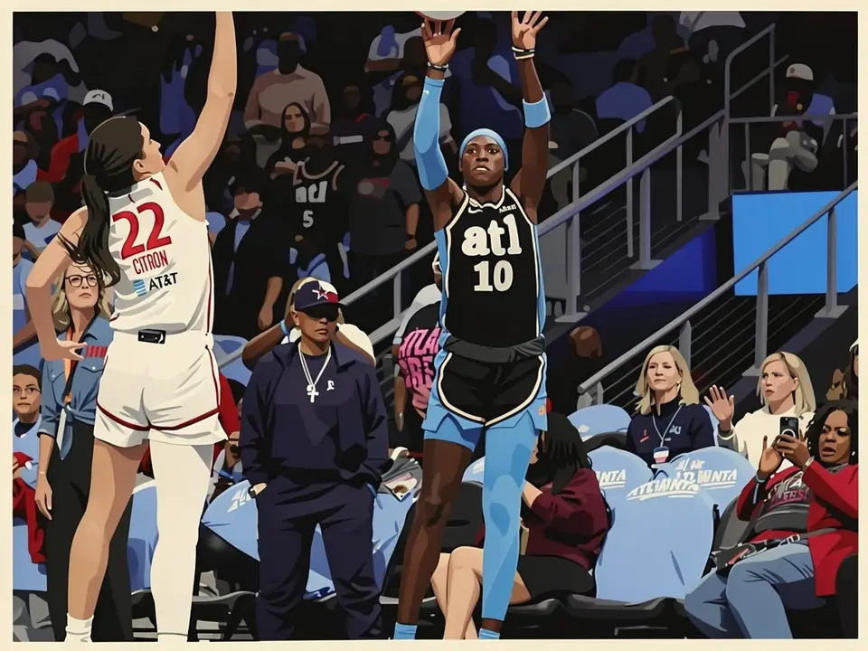 Rhyne Howard jumps to shoot during a game for the Atlanta Dream against a Washington Mystics defender.