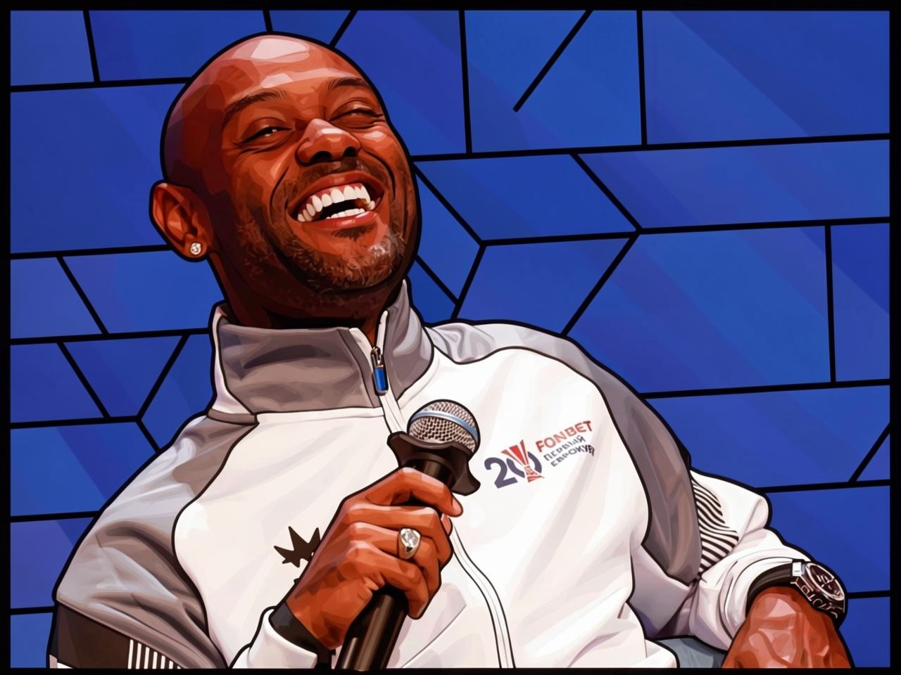 Wagner Love laughing while holding a microphone in front of a blue banner.