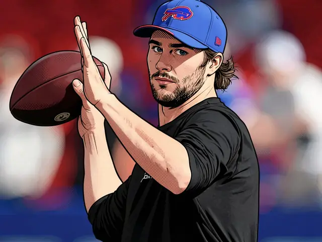 Сэм Дарнелд в синей кепке Buffalo Bills готовится к броску мяча на стадионе