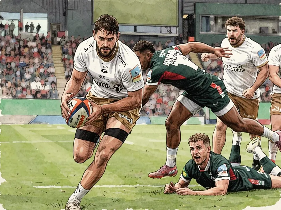 A Saracens player in white runs with the ball while a Leicester player dives on the pitch