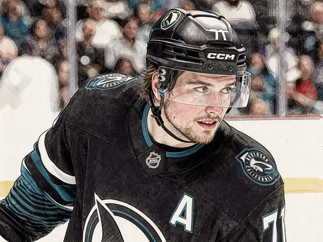 Seabrook in schwarzem San Jose Sharks-Trikot mit Buchstabe 'A' auf der Brust, Helm mit Visier, Tribünen im Hintergrund