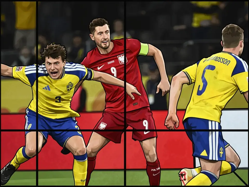 Swedish players celebrate a goal against Poland during a Nations League match.