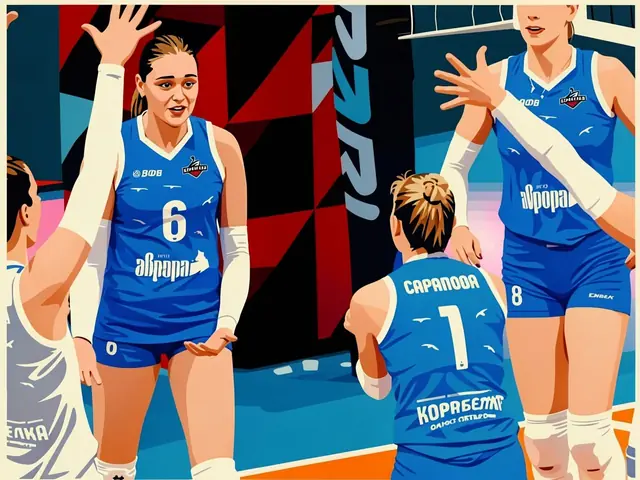 SK Korabelka volleyball players celebrate their tournament victory in Oristano