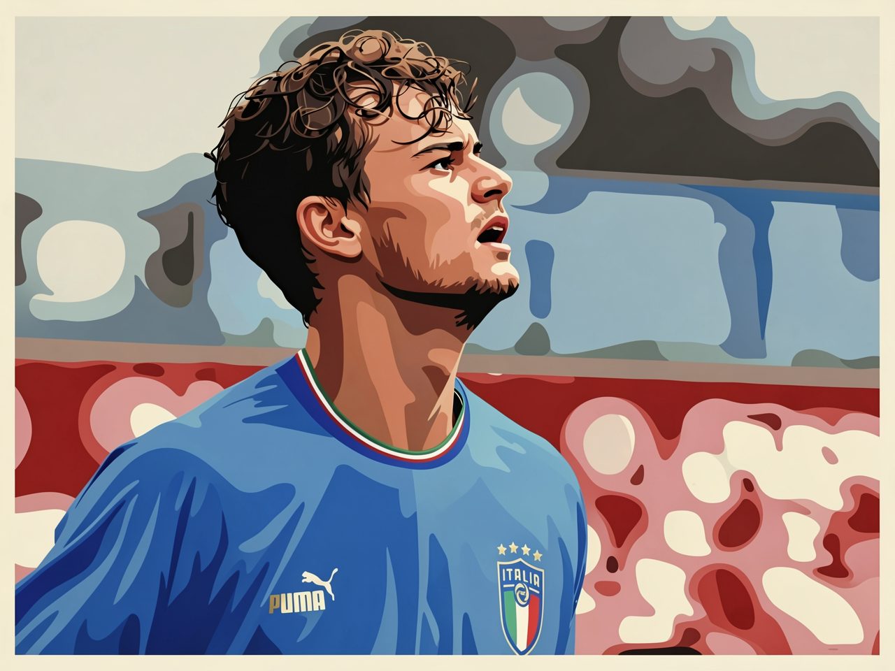 Atalanta defender Giorgio Scalvini in the blue Italy training kit looking up during a session.