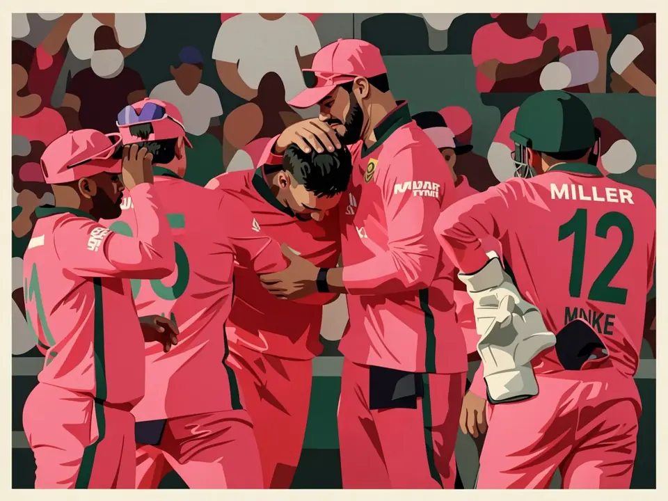South African cricketers in pink kits celebrate a series win over Australia