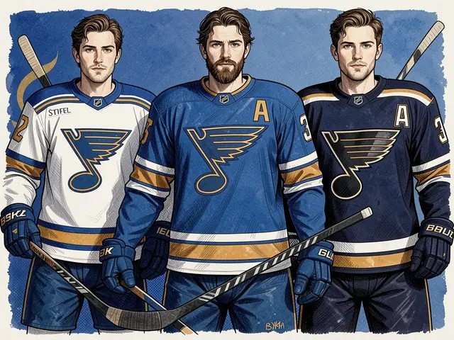 Three St. Louis Blues players in new jerseys at the presentation