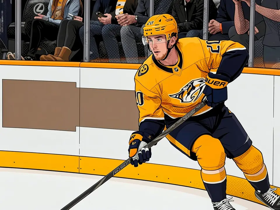 Nashville defender in yellow kit skating along the boards during a game