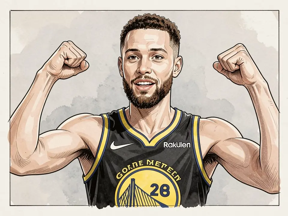 Stephen Curry in a black Golden State Warriors jersey flexes his arms in celebration.