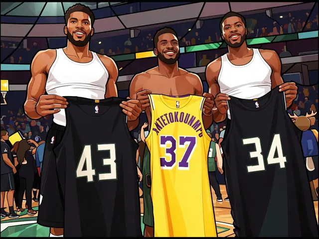 Giannis, Thanasis and Kostas Antetokounmpo hold jerseys on the court