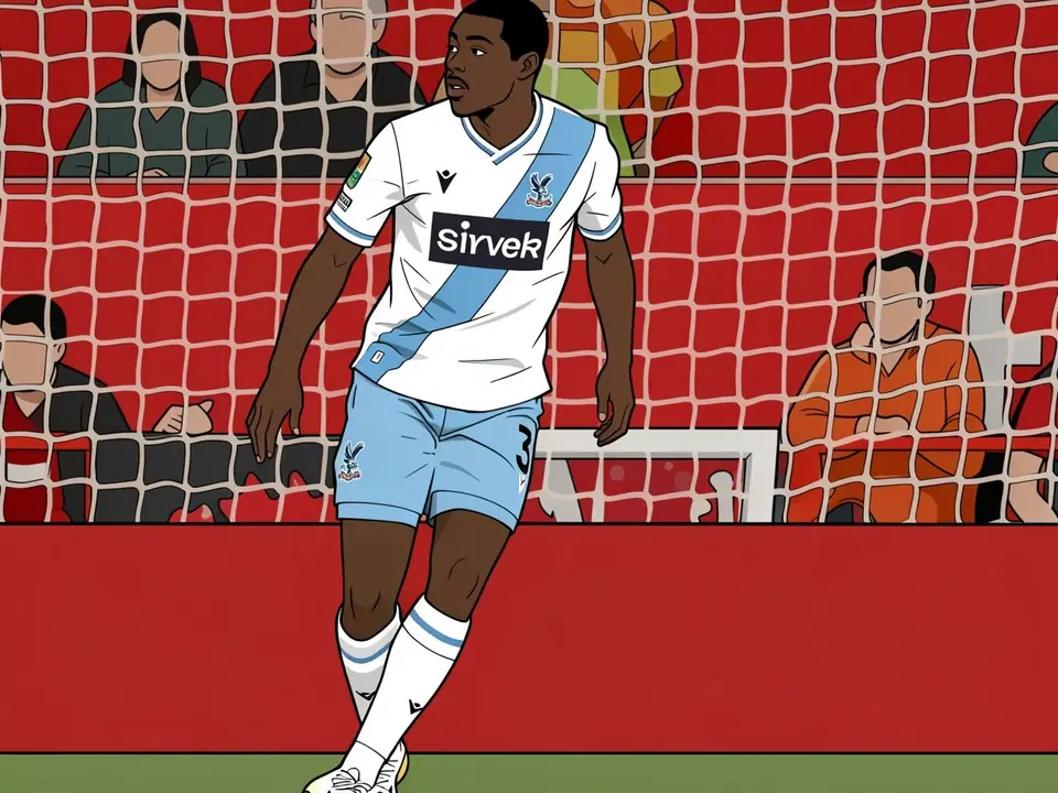 Crystal Palace defender Tyrick Mitchell in white and light-blue kit on the pitch.