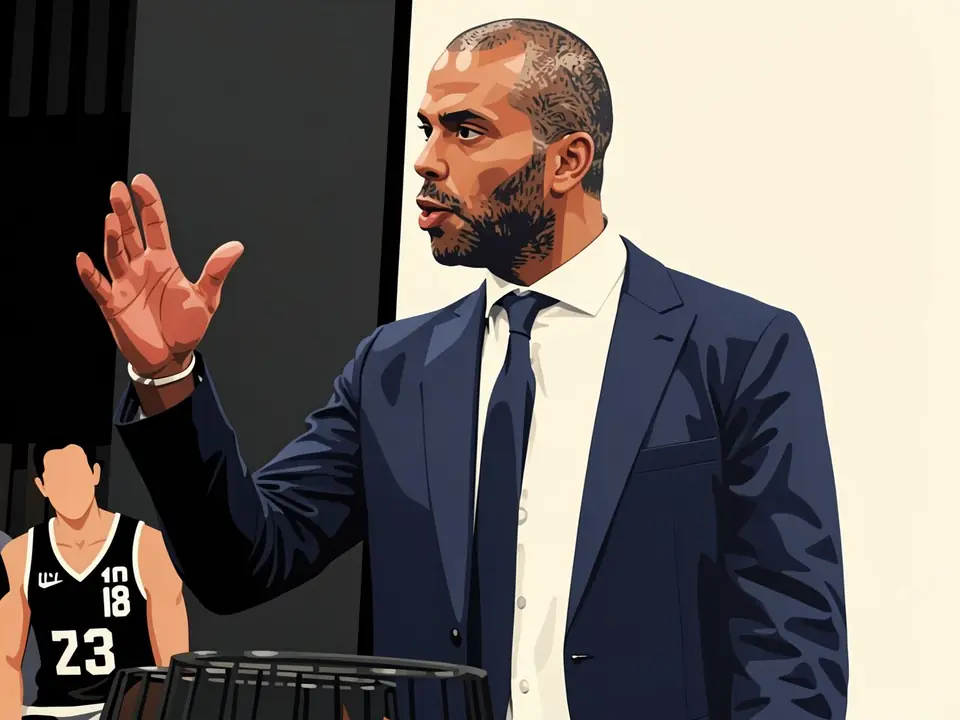 Tony Parker in einem dunkelblauen Anzug gestikuliert an einem Podium während einer EuroLeague-Pause.