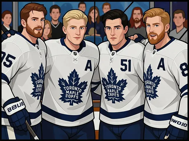 Toronto Maple Leafs Spieler in weißen Heimtrikots feiern auf dem Eis