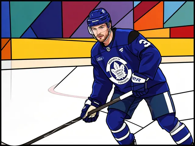 Defenceman Nick Blankenburg skating on the ice in a blue Toronto Maple Leafs practice jersey.