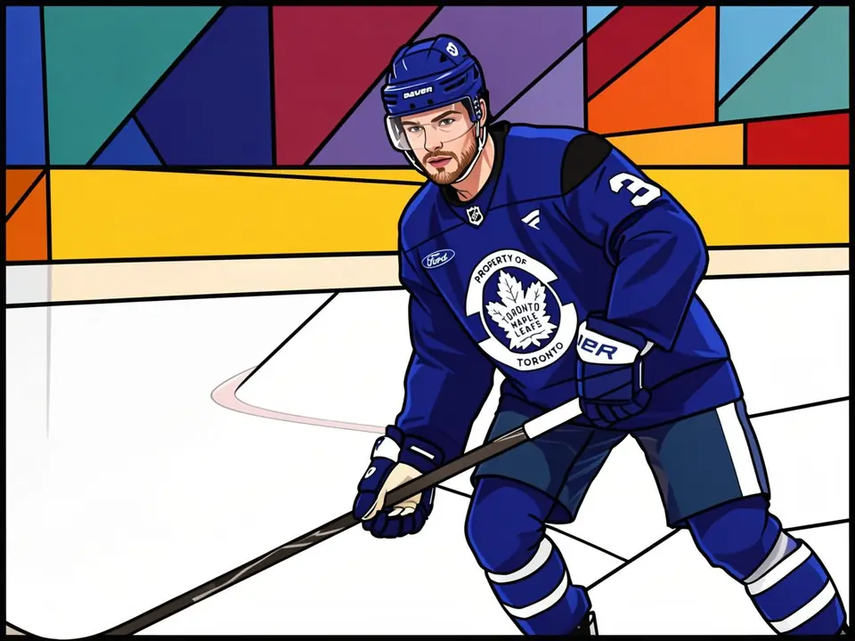 Defenceman Nick Blankenburg skating on the ice in a blue Toronto Maple Leafs practice jersey.
