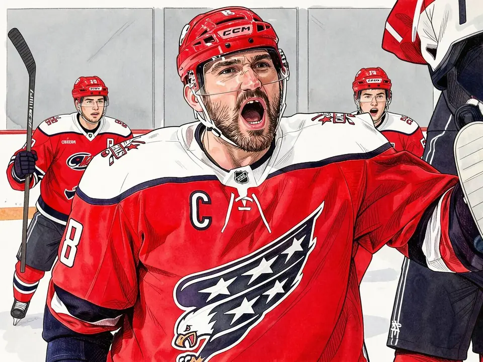Alexander Ovechkin in Washington jersey celebrates a goal on ice.
