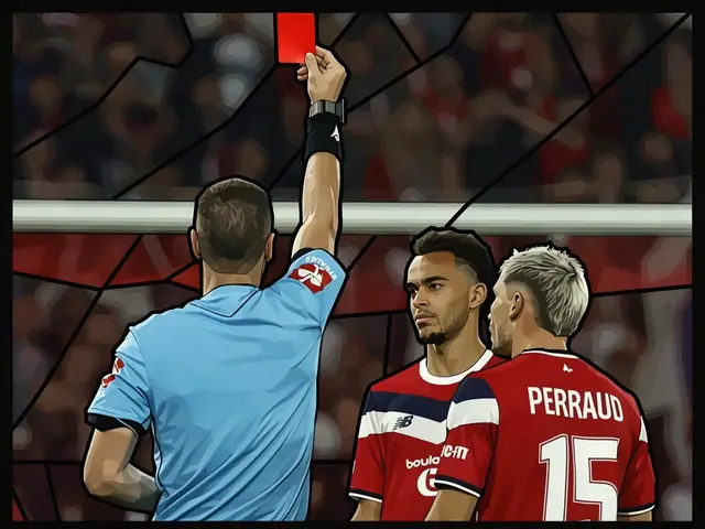 Referee shows a red card to Lorient player Perraud during a match