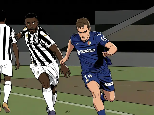 Partizan- und Bologna-Spieler im Duell um den Ball bei Nacht
