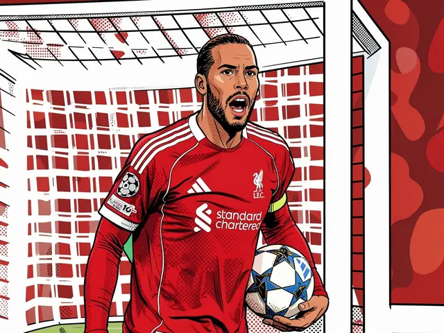 Virgil van Dijk in a red Liverpool kit holding a football in front of a goal