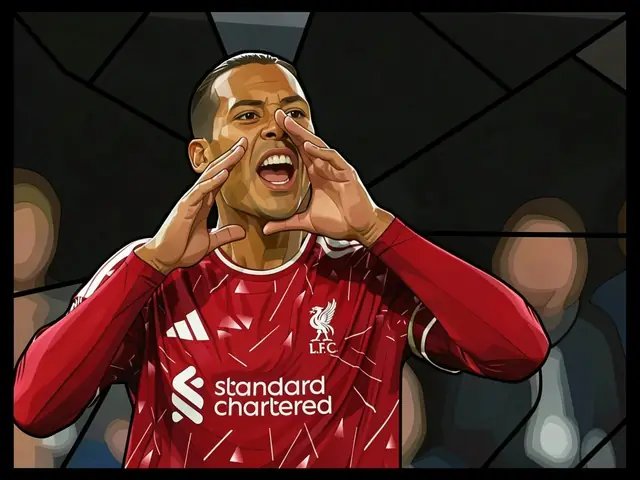 Virgil van Dijk in a red Liverpool kit shouts with his hands cupped around his mouth during a match.