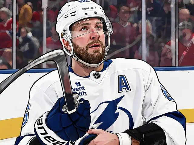 Nikita Kucherov in einem Tampa Bay Trikot mit einem Hockey-Schläger.