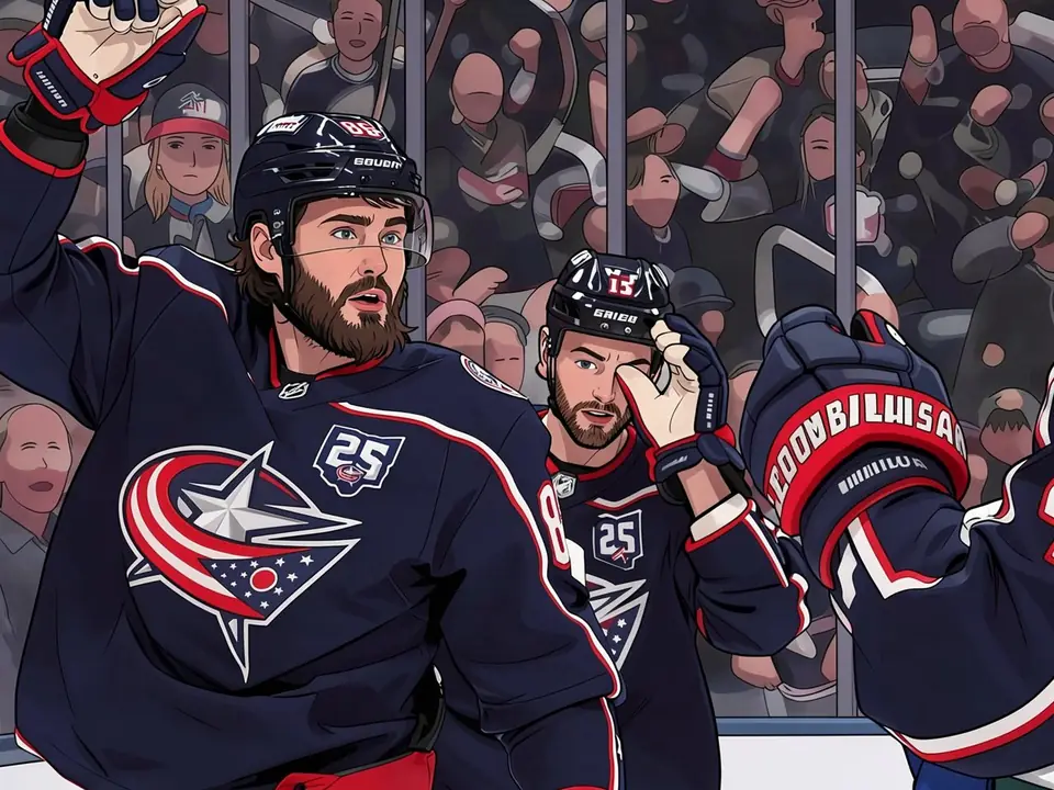 Kirill Martschenko in einem Columbus Blue Jackets-Trikot feiert ein Tor auf dem Eis