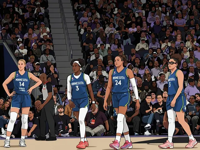 Minnesota Lynx players in blue jerseys walk across the court during a WNBA playoff game