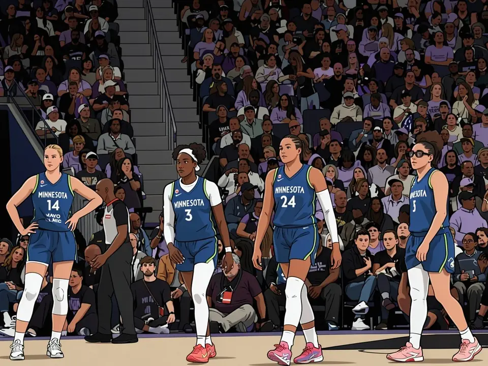 Minnesota Lynx players in blue jerseys walk across the court during a WNBA playoff game
