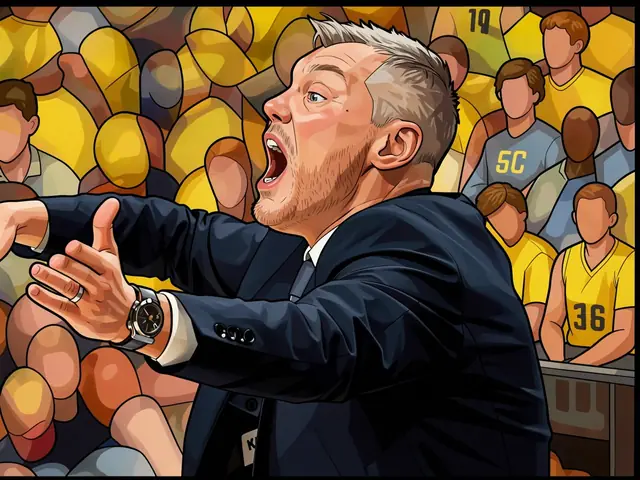 Fenerbahçe-Trainer Jasikevicius in einem Anzug schreit und gestikuliert während eines Spiels.