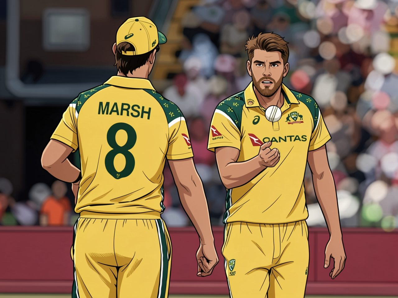 Australische Cricketspieler auf dem Feld während eines Spiels.