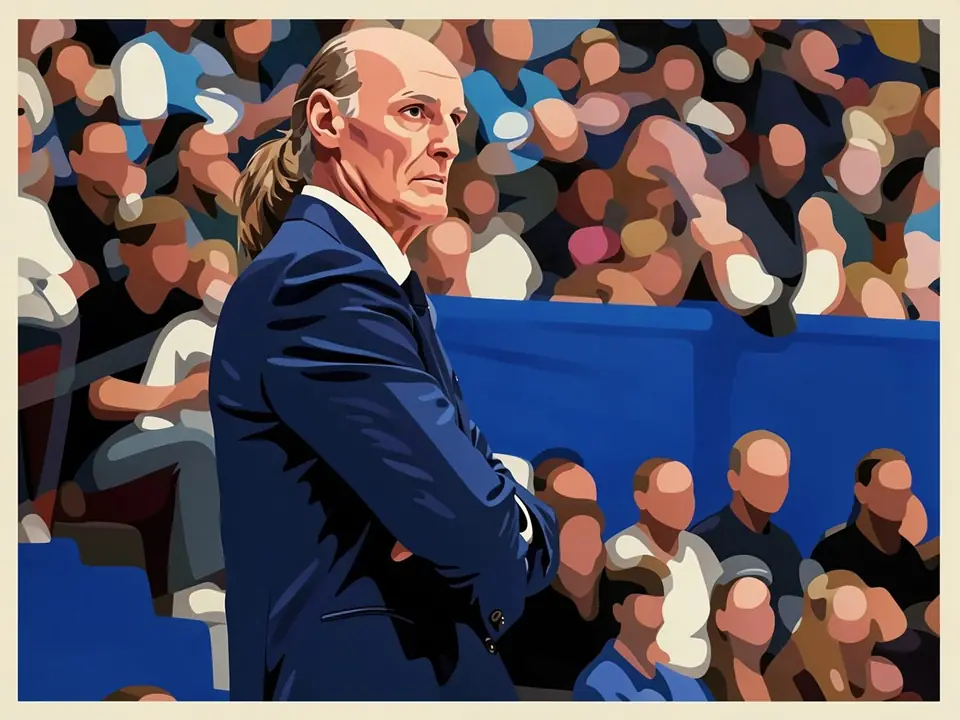 Zhbanov in a blue suit stands on the sidelines of a basketball arena with his arms crossed.