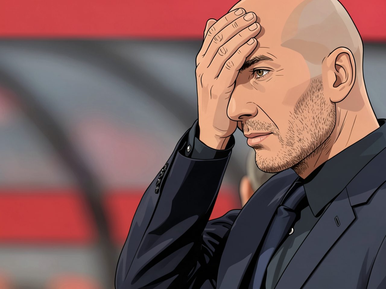 Zinedine Zidane in a dark suit holds his hand to his forehead in a stadium