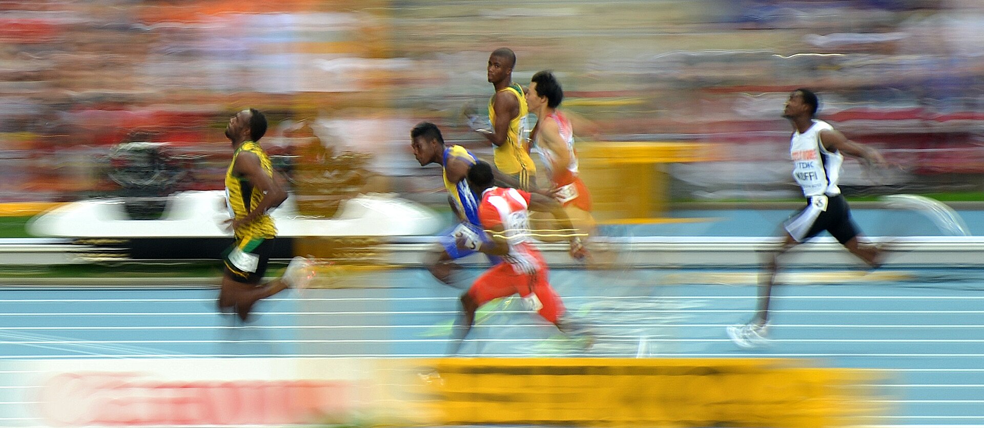 Usain Bolt (Jamaica) during the 100 m heat of the 14th IAAF World Championships in Athletics in Moscow, Russia