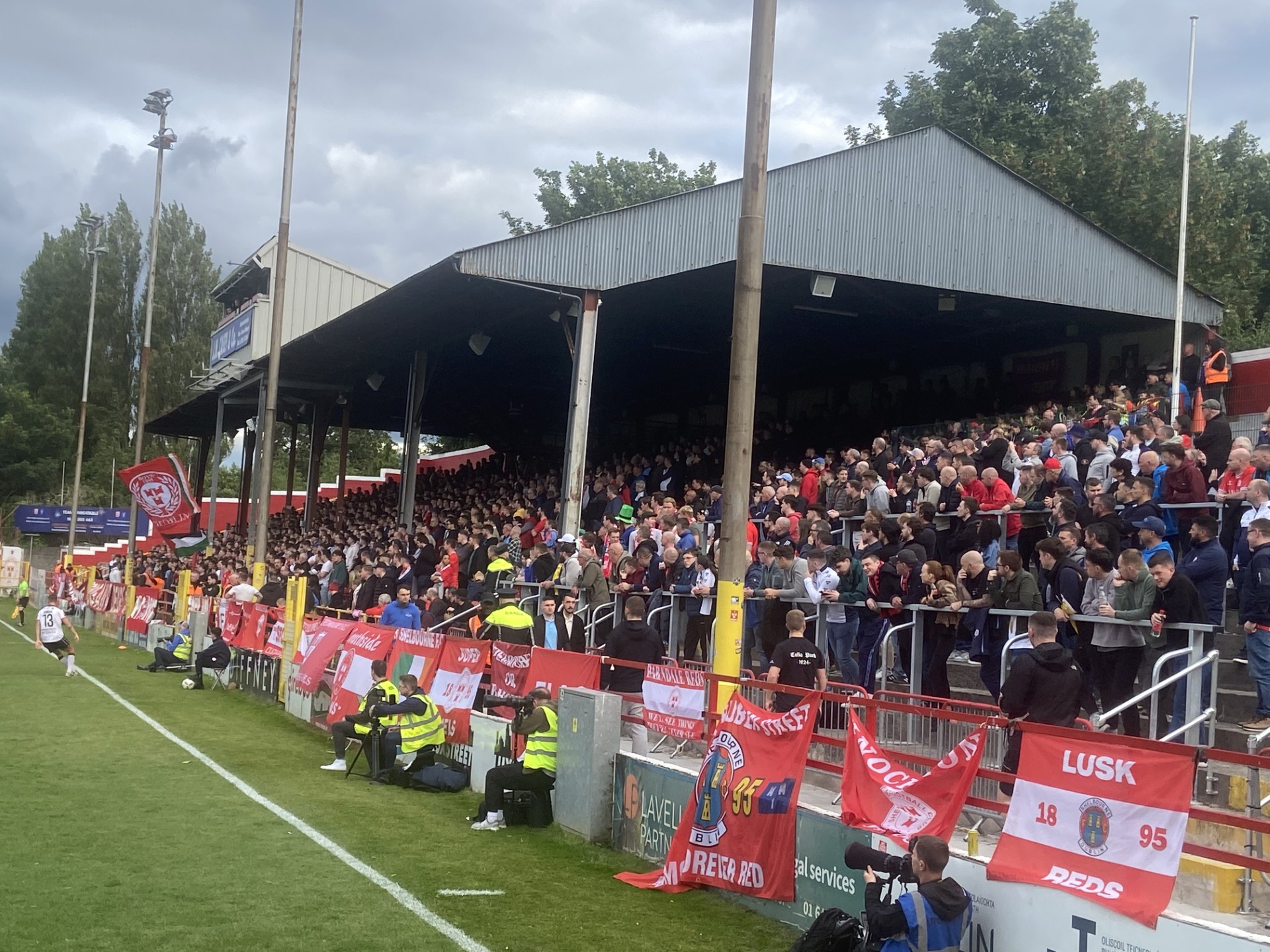Shelbourne fans in the Riverside Stand for a League of Ireland Premier Division game versus Dundalk 7 June 2024