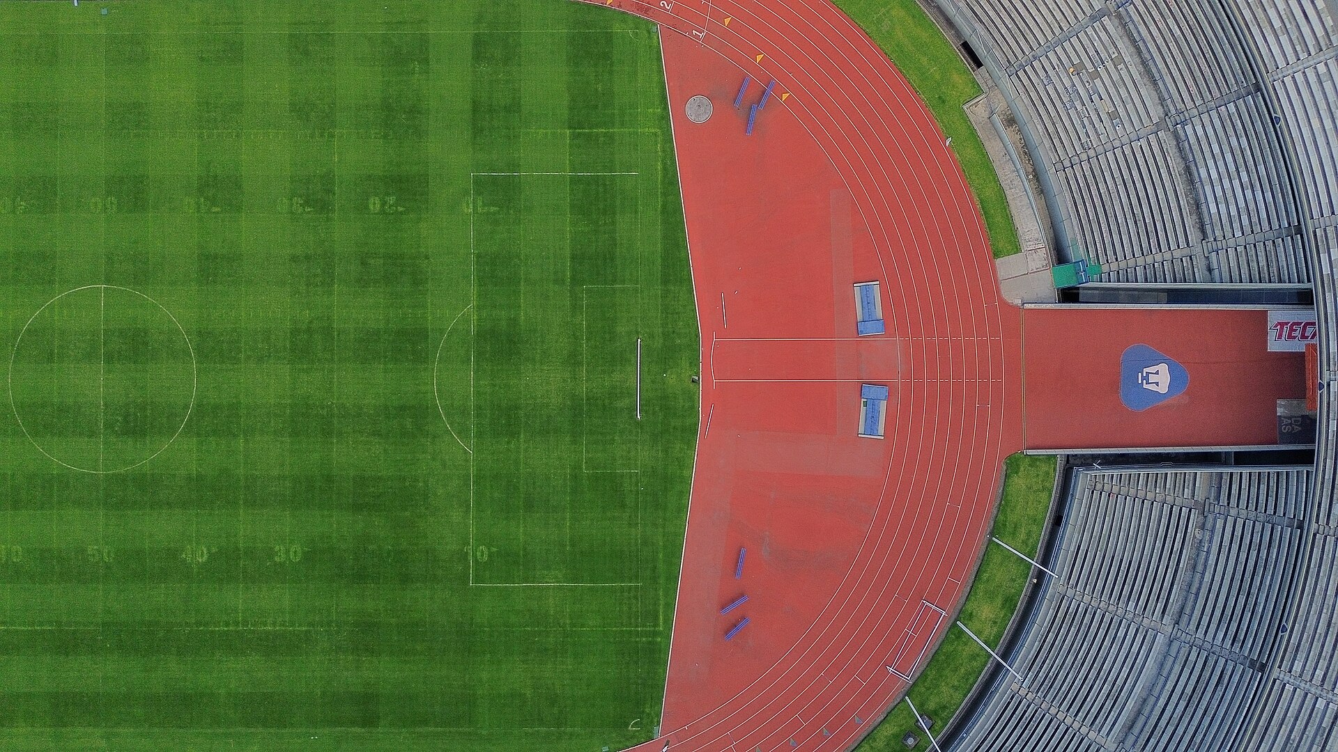 Aerial shot of the court and track of the Olympic University Stadium, Ciudad Universitaria, Coyoacán, Mexico City, Mexico.