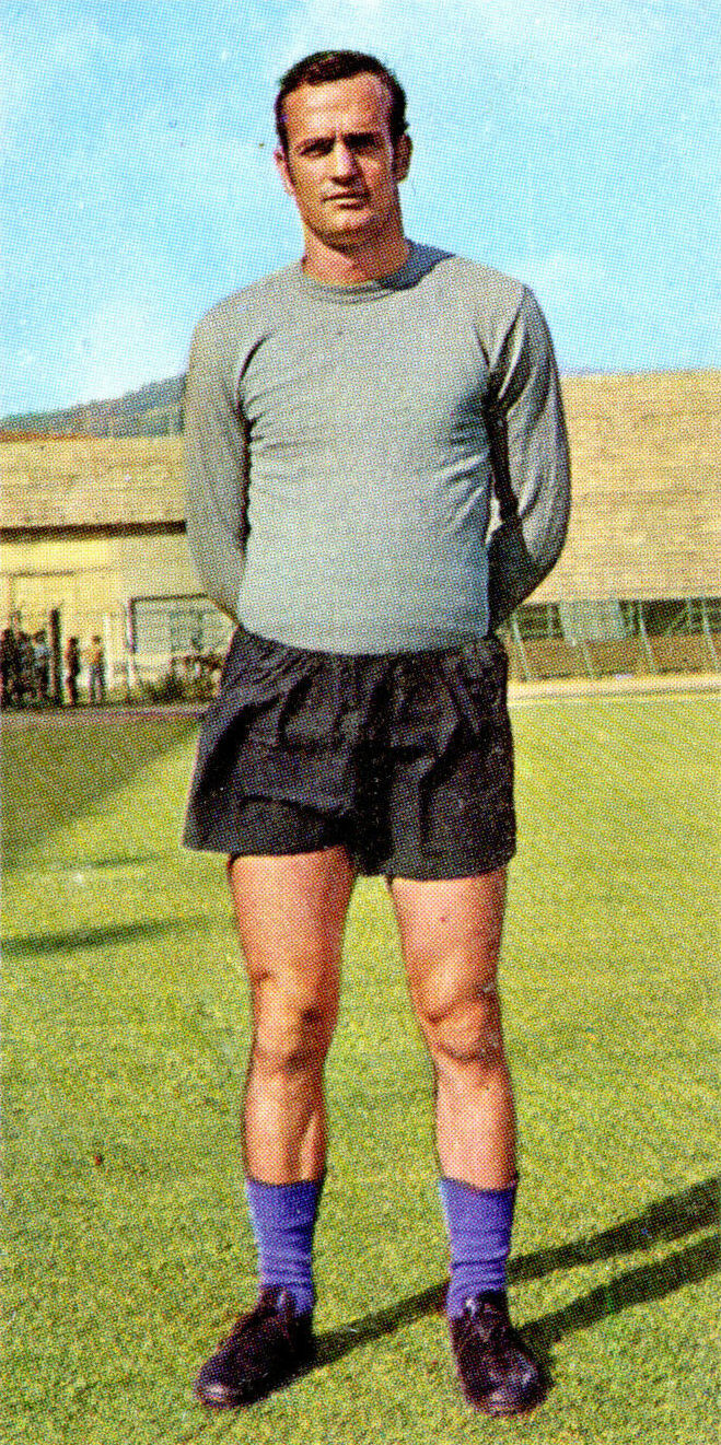 Italian football goalkeeper Franco Superchi with AC Fiorentina in the 1970–71 season, posing inside the Communal Stadium in Florence, Italy.