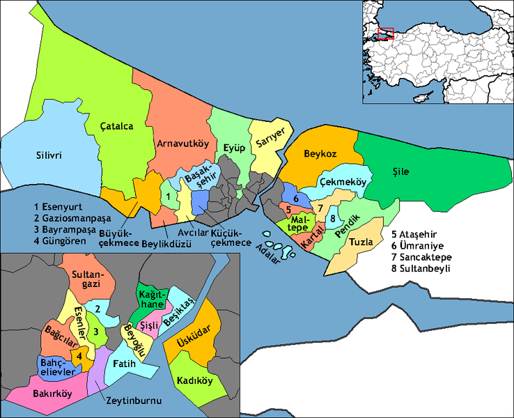Map of the districts of İstanbul province in Turkey. Created by Rarelibra 20:58, 1 December 2006 (UTC) for public domain use, using MapInfo Professional v8.5 and various mapping resources. Further edited by One Homo Sapiens Effective 2009, shows new Arnavutköy, Ataşehir, Başakşehir, Beylikdüzü, Çekm