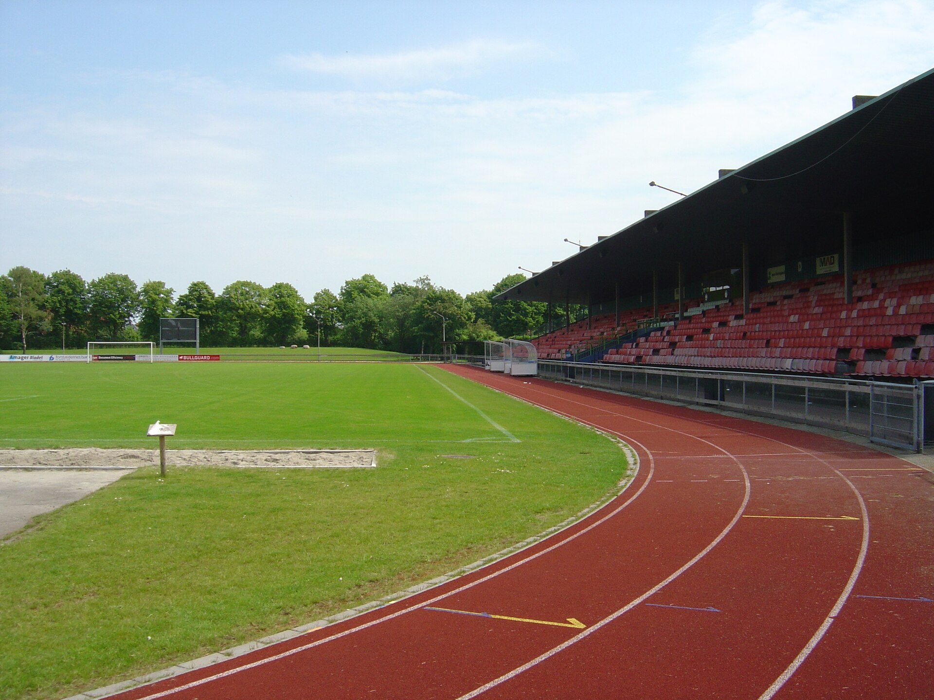 Sundby Idrætspark , Opvisningsbanen is a combined football and athletic stadium on Amager, Copenhagen. Seen from west side in the stadium.