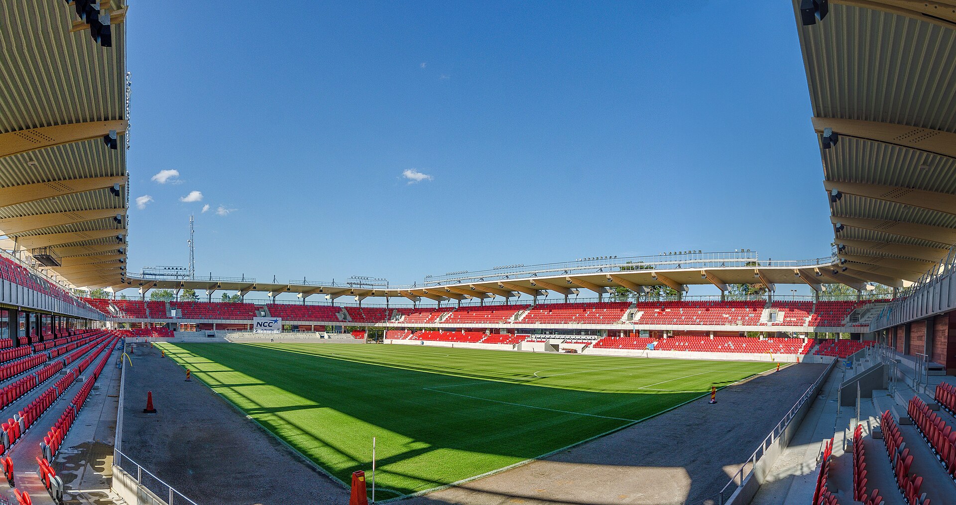 Panoramic view of Östers IF's new Myresjöhus Arena from the lower tier of the southwest corner.